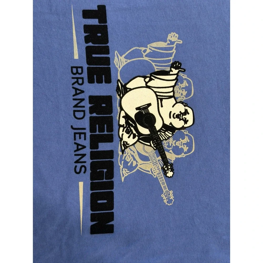 True Religion Tri Buddha Tee T-Shirt Mens L Galaxy Blue Distressed 700843